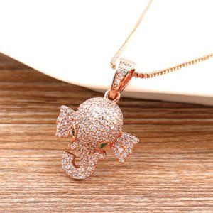 Crystal Elephant Head Necklace - Solid Copper, Rose Gold Plated, AAA CZ.